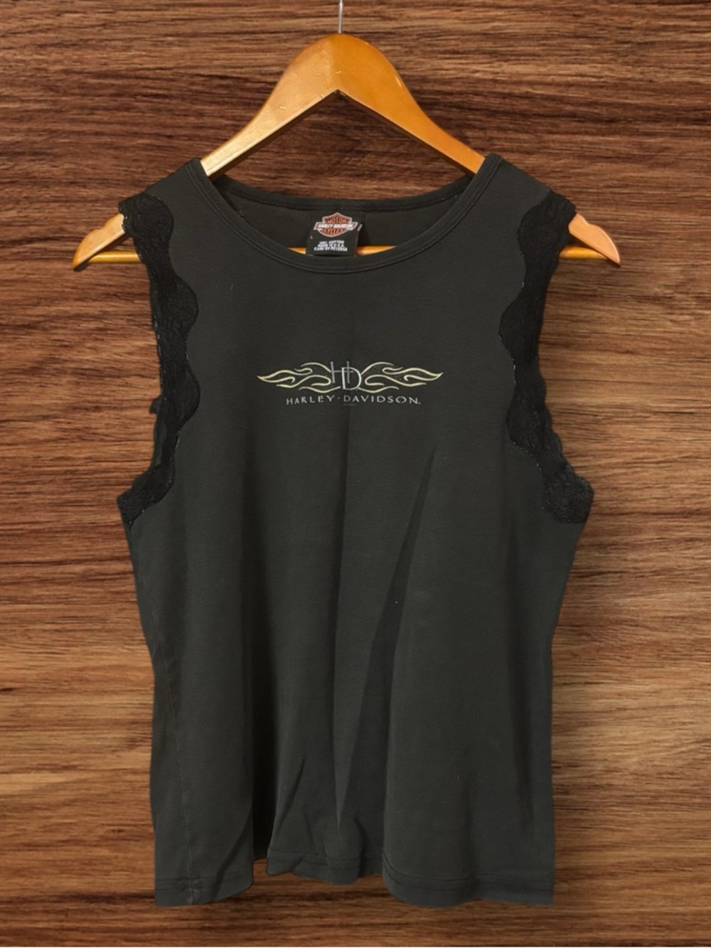 Vintage Harley-Davidson Black Lace-Trim Sleeveless Tank With Subtle White Logo